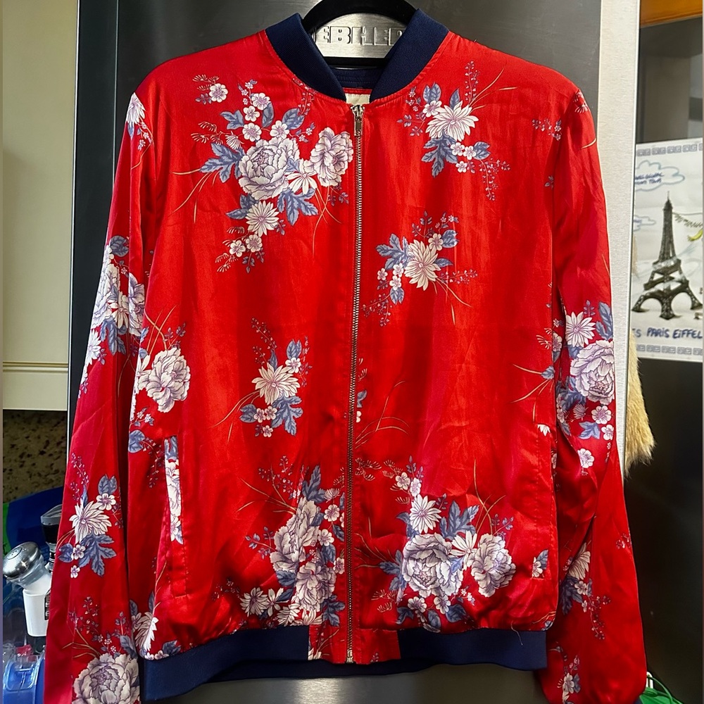 Red floral satin bomber jacket